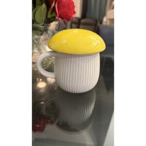 World Market Mushroom Ceramic Coffee Mug w/ Lid Yellow Polka Dot 10 oz
